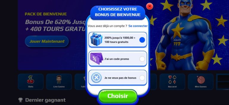Europa777 Casino inscription choix bonus bienvenue